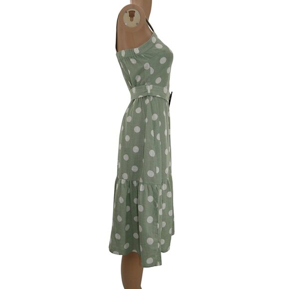NWT Monteau Green Polka Dot Midi Linen Blend Belted Cottagecore Sz XS Dress - Picture 9 of 13